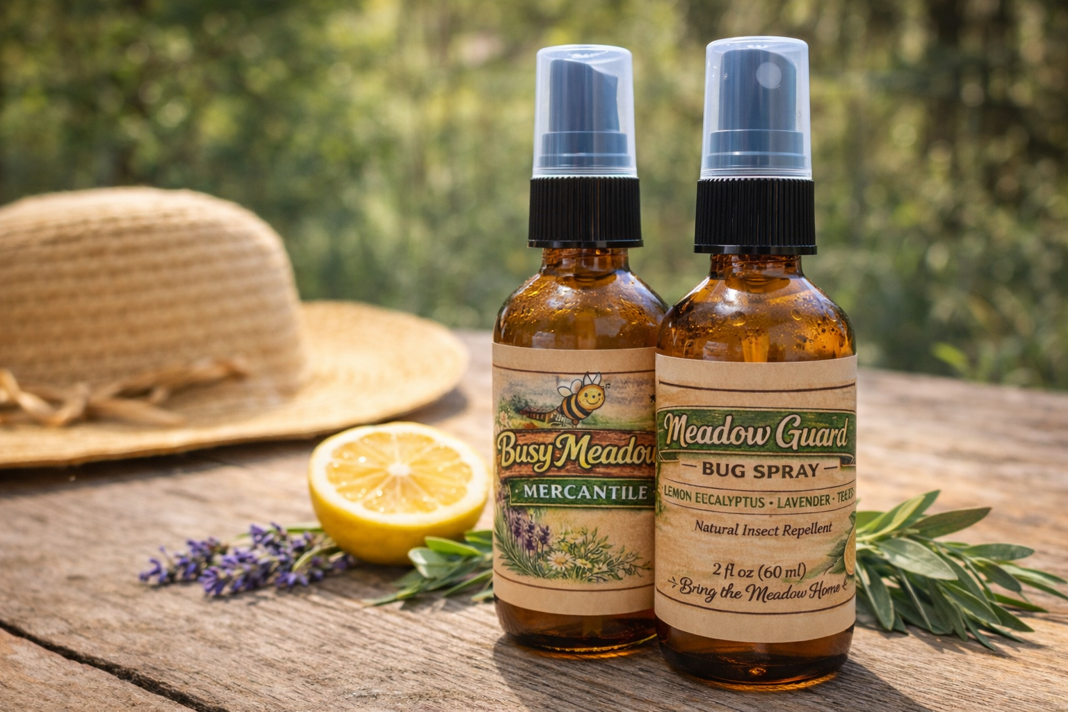 Two bottles of bug spray on a wooden surface with a lemon and herbs in the background.