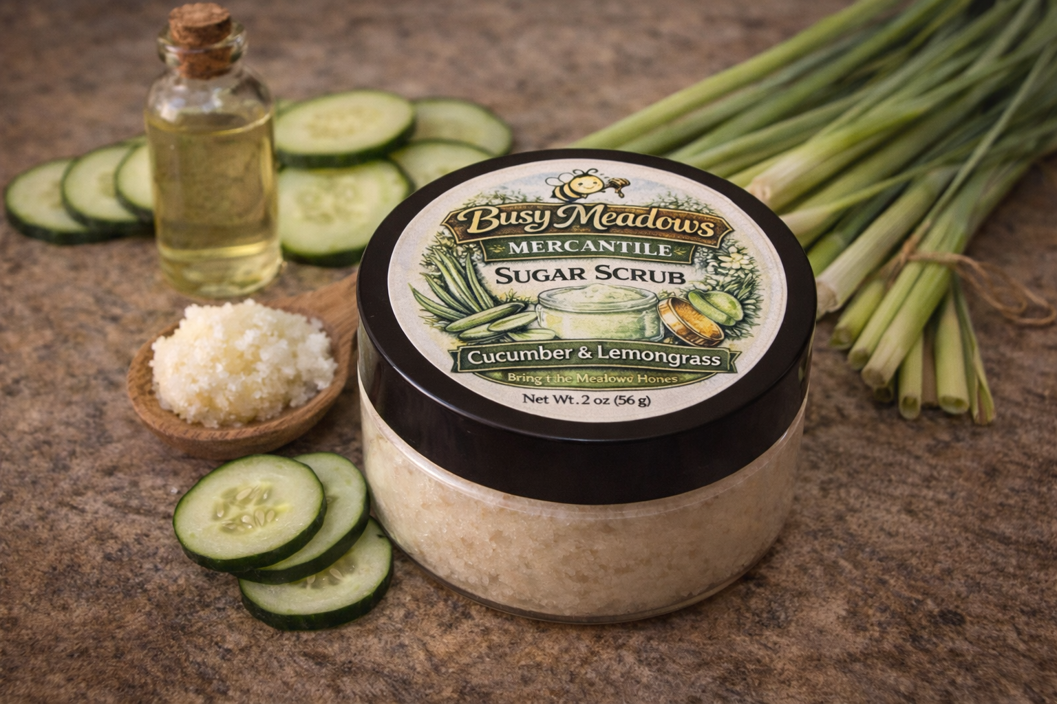 Busy Meadows Mercantile Cucumber & Lemongrass sugar scrub with ingredients on a stone surface