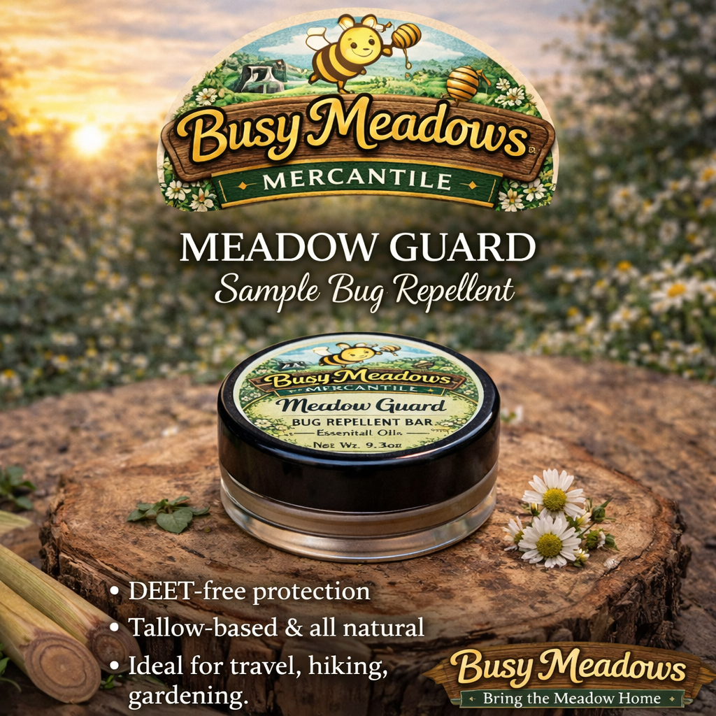 Meadow Guard bug repellent sample by Busy Meadows Mercantile on a wooden surface with flowers and sunset background.