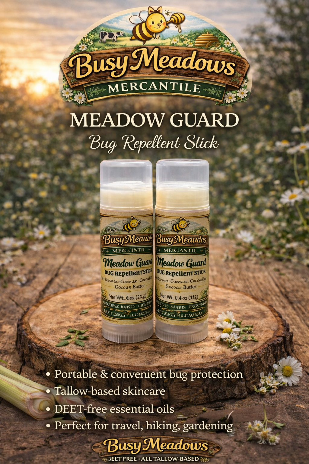 Two Busy Meadows Meadow Guard bug repellent sticks on a wooden surface with a scenic background. Travel size