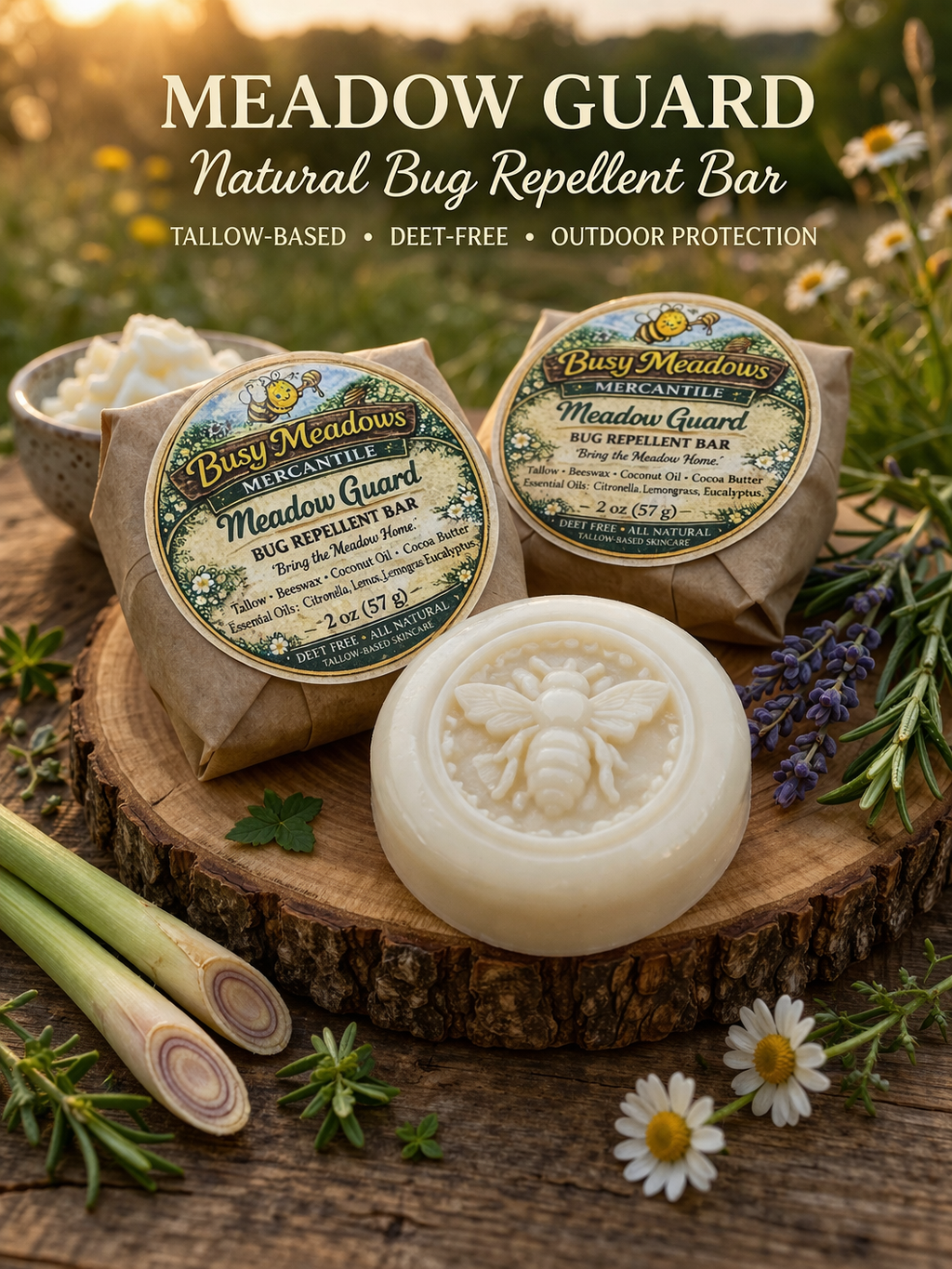 Meadow Guard natural bug repellent bar on a wooden surface with herbs and flowers in the background.