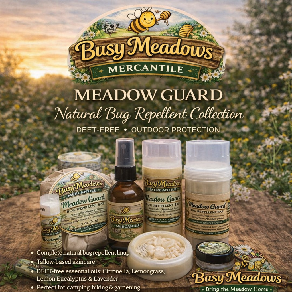 Busy Meadows Mercantile Meadow Guard natural bug repellent collection with a scenic background.