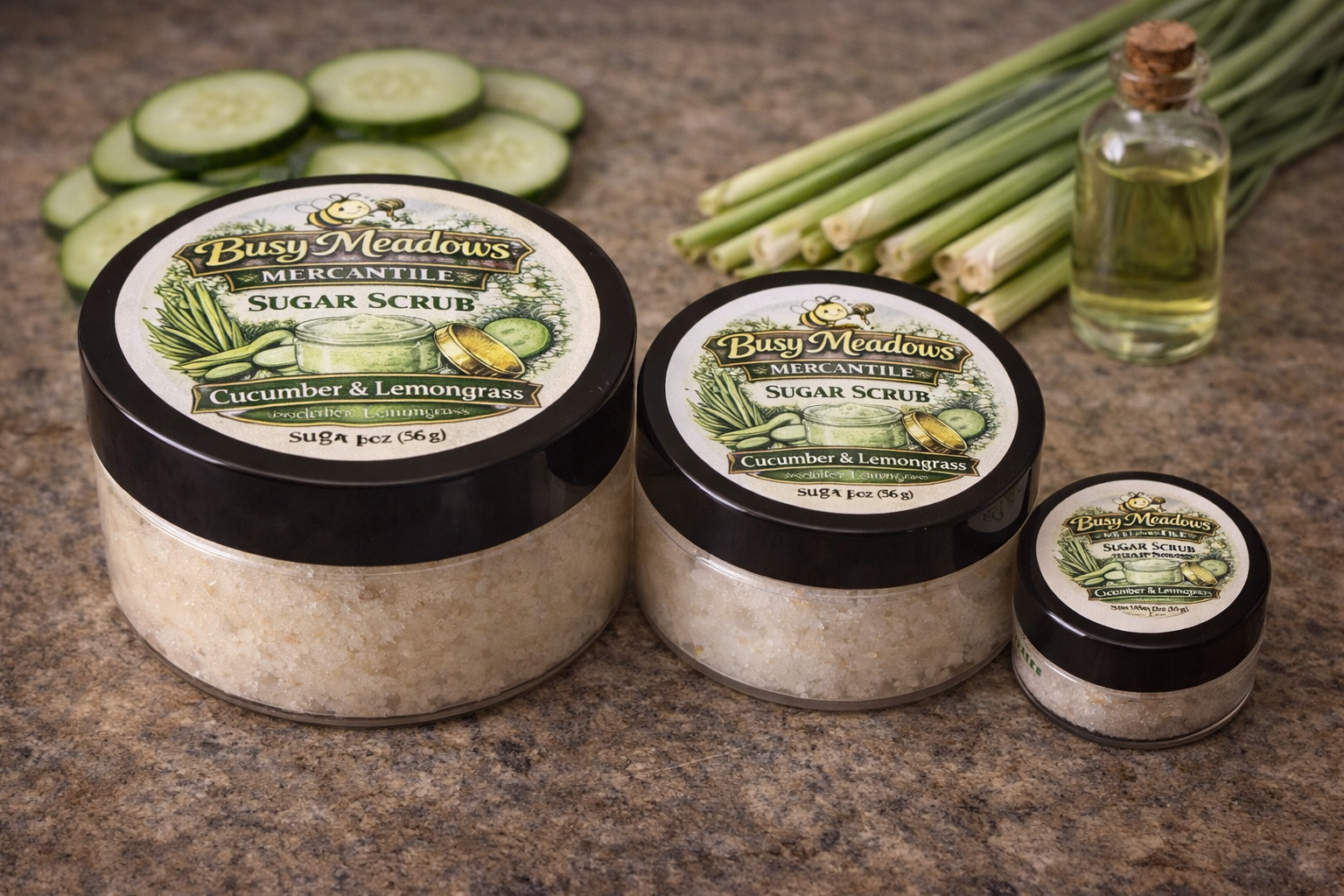Two jars of Busy Meadows Mercantile Sugar Scrub with a smaller jar and ingredients on a stone surface.