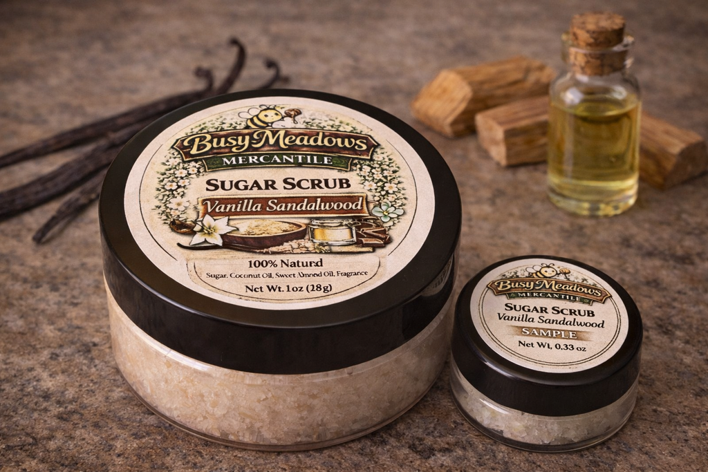 Busy Meadows Mercantile Vanilla Sandalwood sugar scrub with packaging on a textured surface.