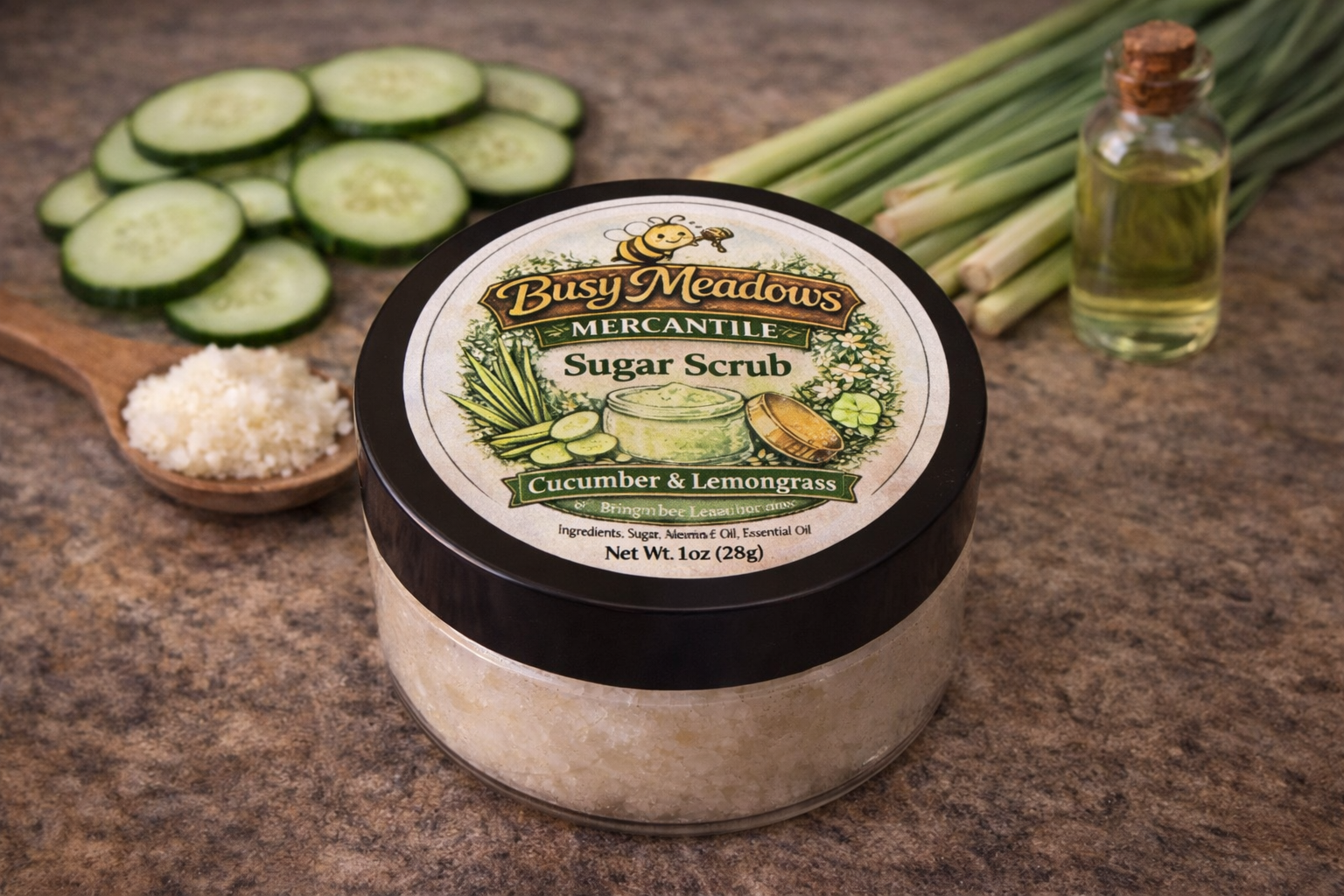 Busy Meadows Mercantile sugar scrub with cucumbers, lemongrass, and oil on a stone surface