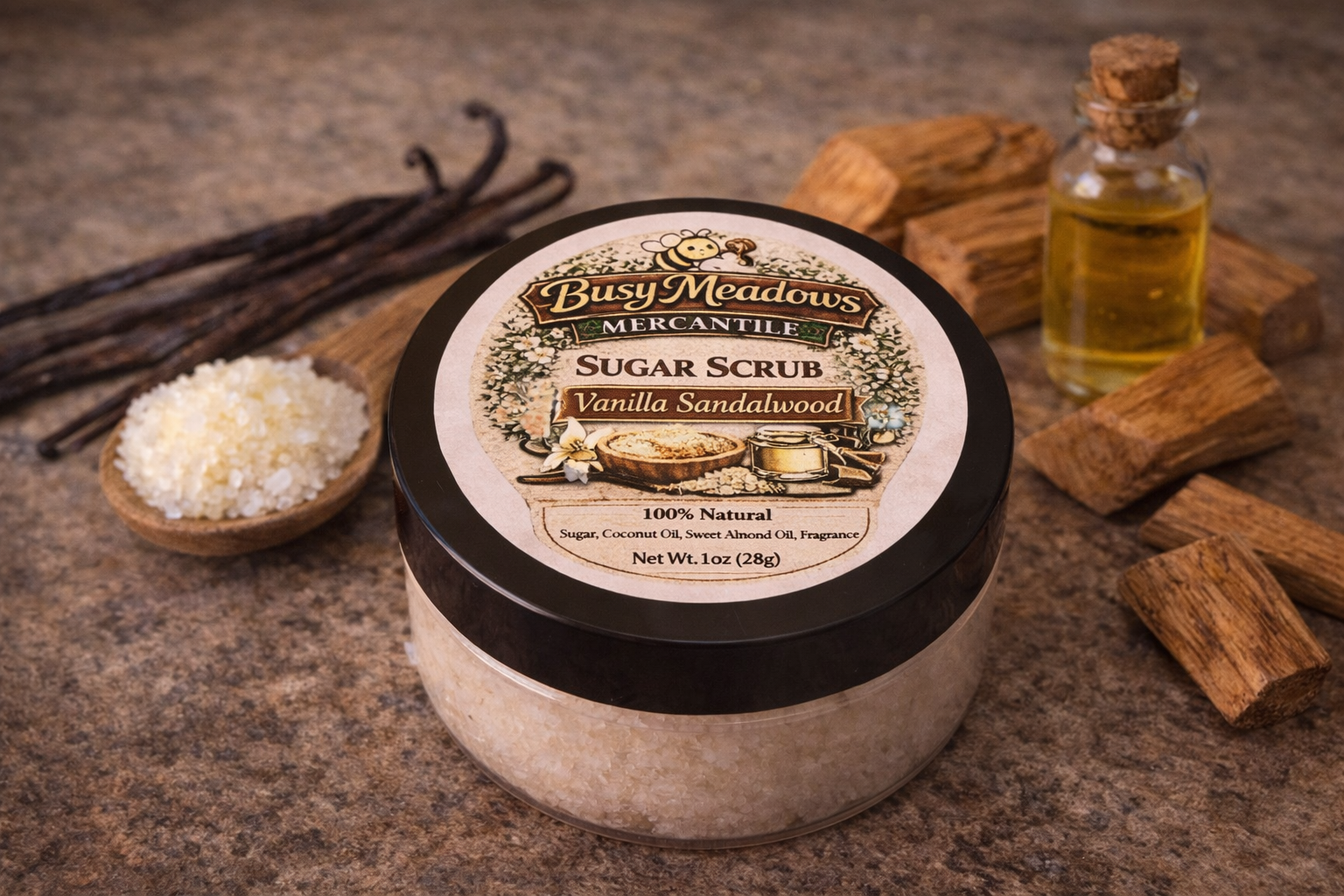 Busy Meadows Vanilla Sandalwood sugar scrub with ingredients on a stone surface