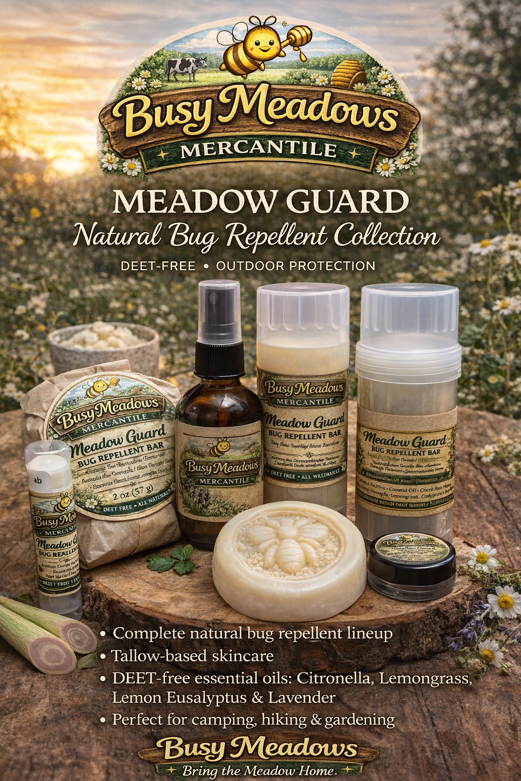 Busy Meadows Mercantile Meadow Guard natural bug repellent collection with products on a wooden surface and nature background. DEET and chemical free