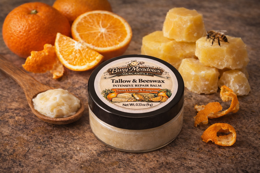 Balm jar with tallow and beeswax on a rustic surface with oranges and beeswax gummies.