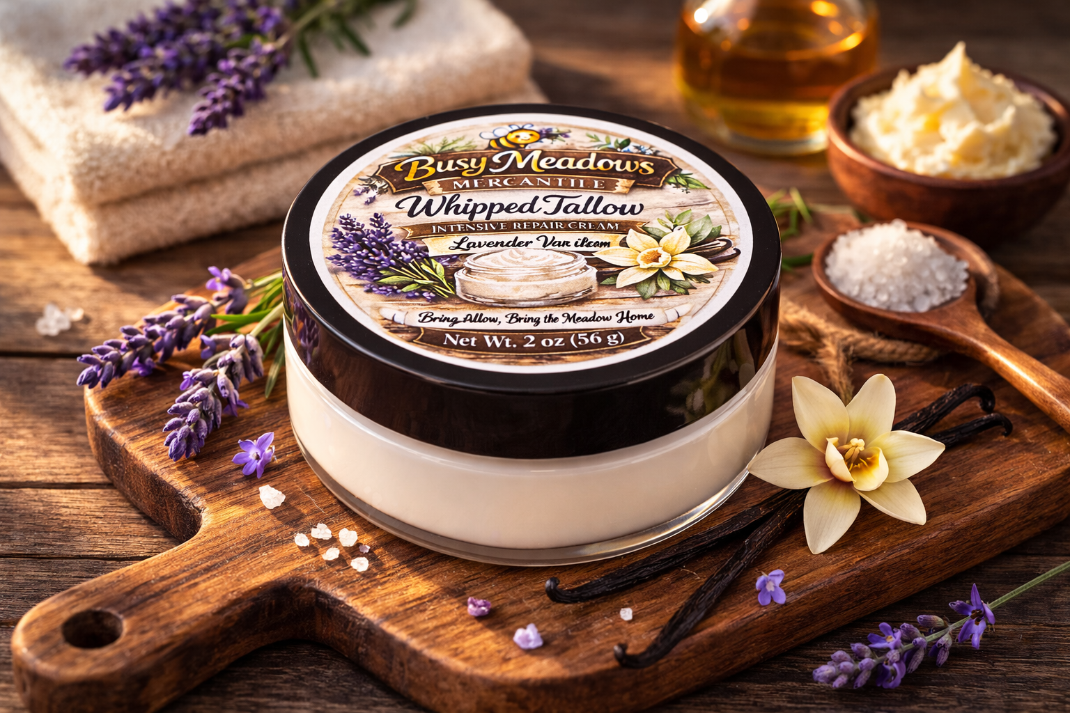 Jar of Busy Meadows Whipped Tallow on a wooden board with lavender and vanilla flowers.