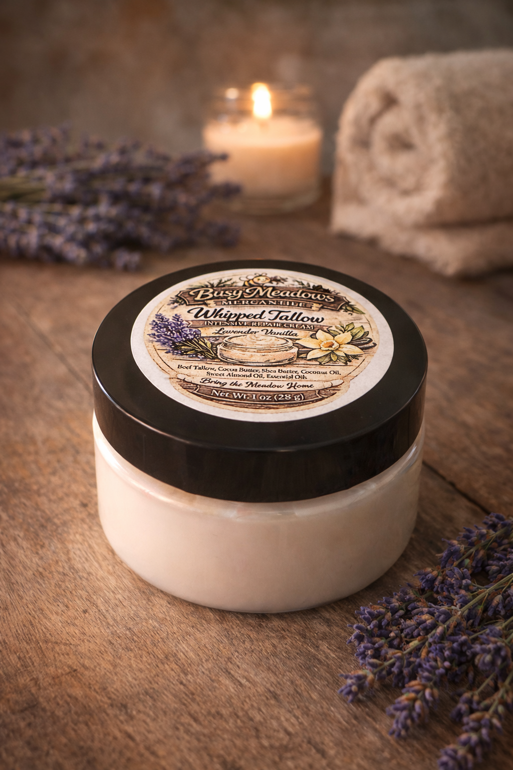 Jar of Busy Meadows Whipped Tallow Balm on a wooden surface with lavender and a candle in the background.