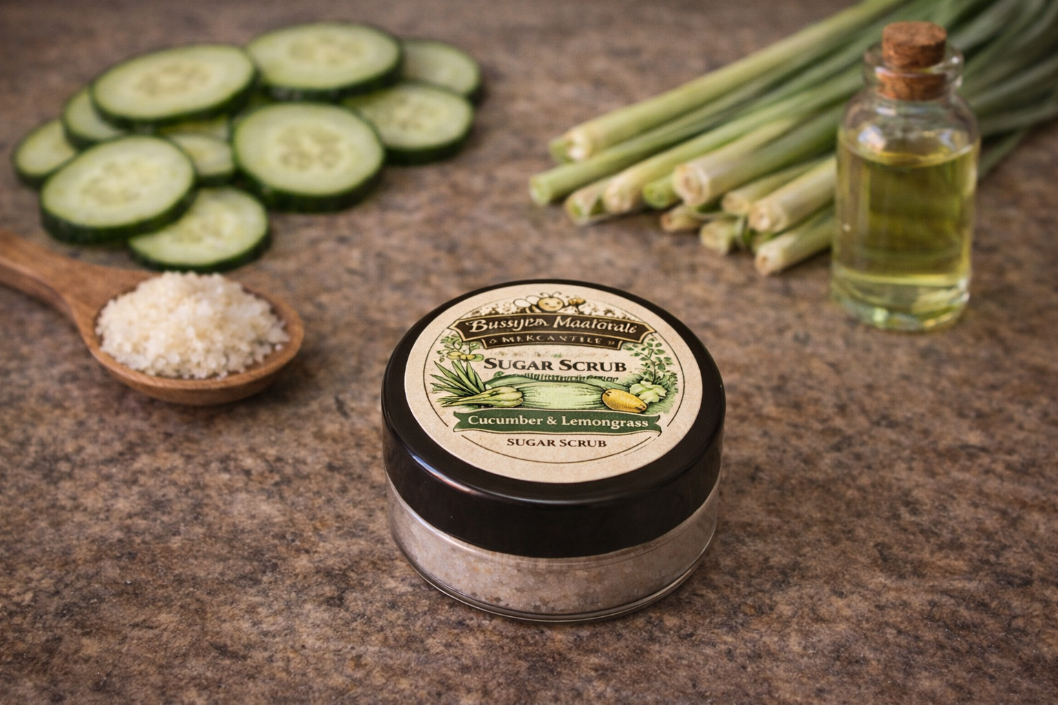 Jar of sugar scrub with cucumber and lemongrass ingredients on a stone surface.