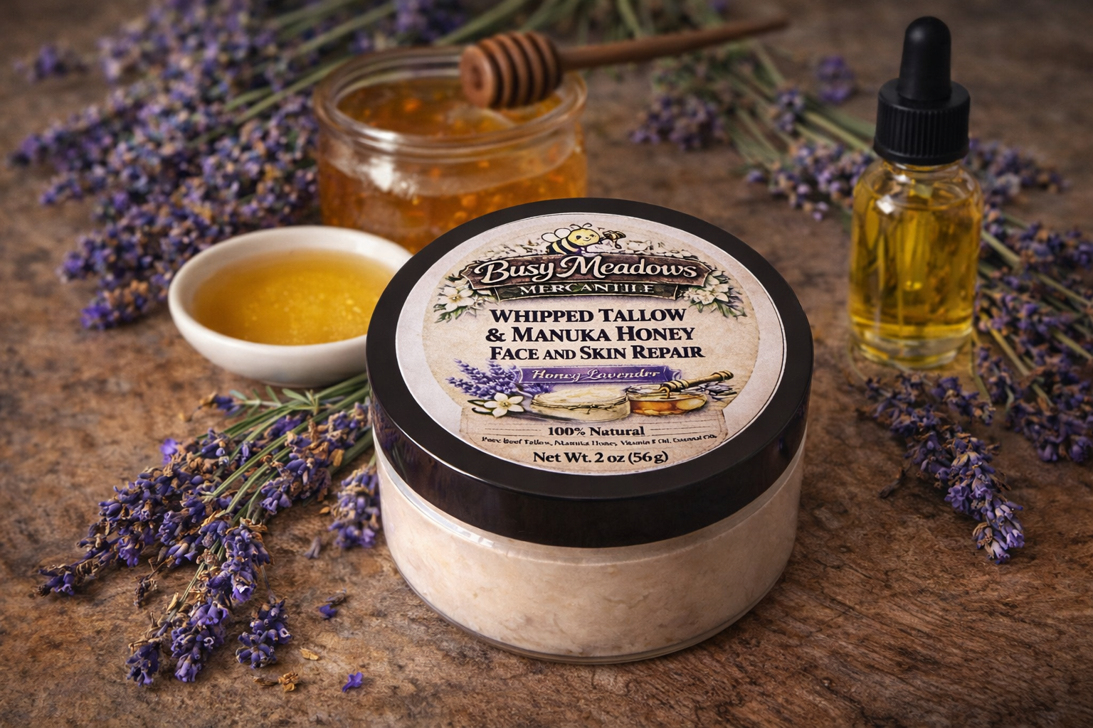 Whipped tallow balm with honey and lavender on a wooden surface